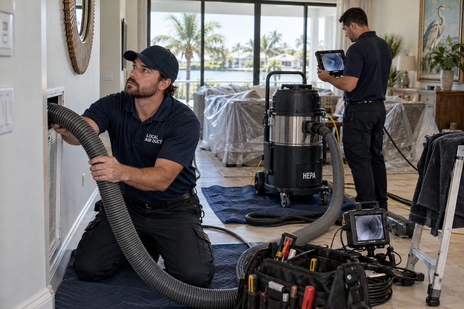 Local Air Duct technicians performing negative pressure air duct cleaning in a protected home