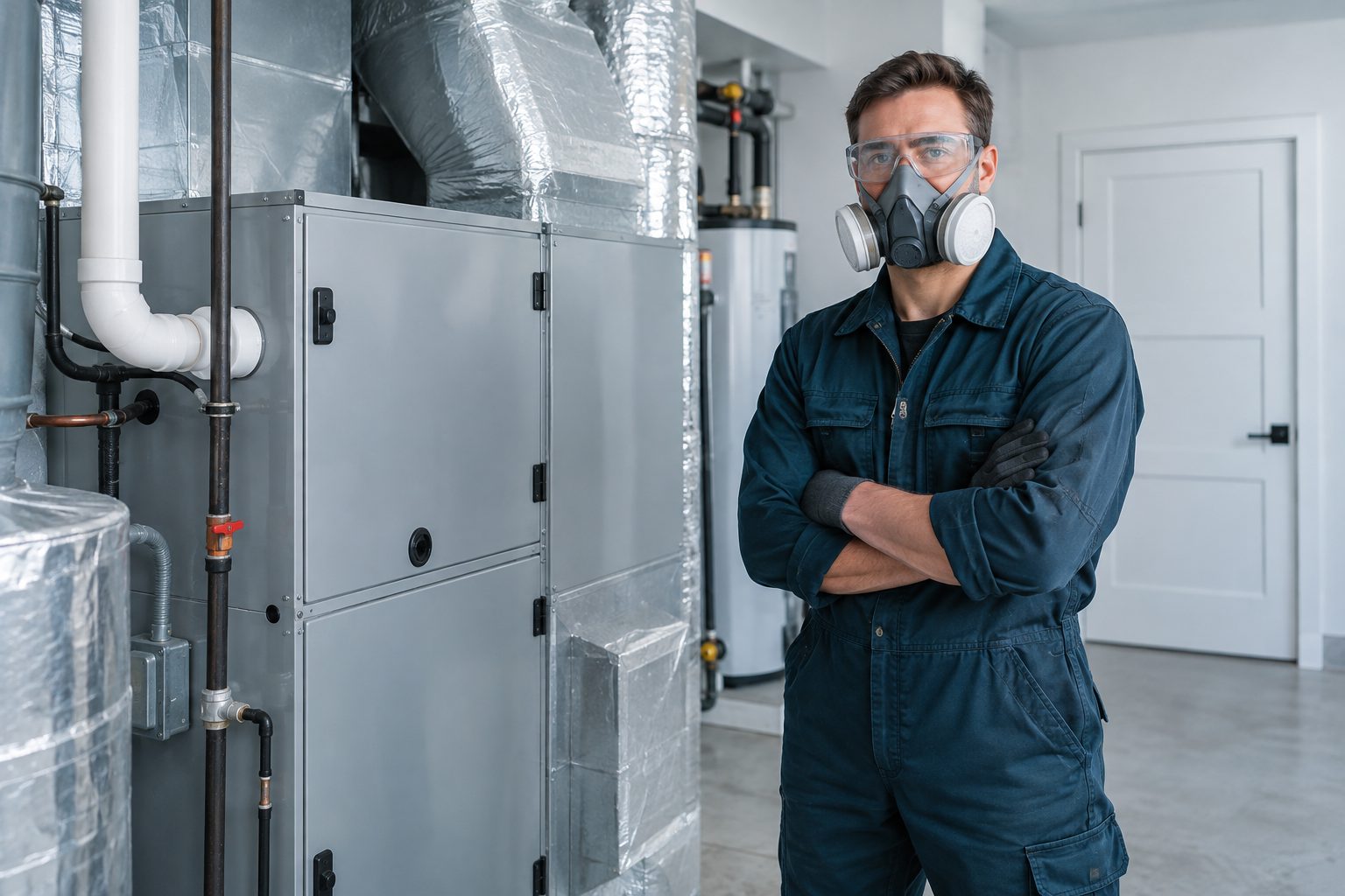Technician preparing duct sanitizing equipment